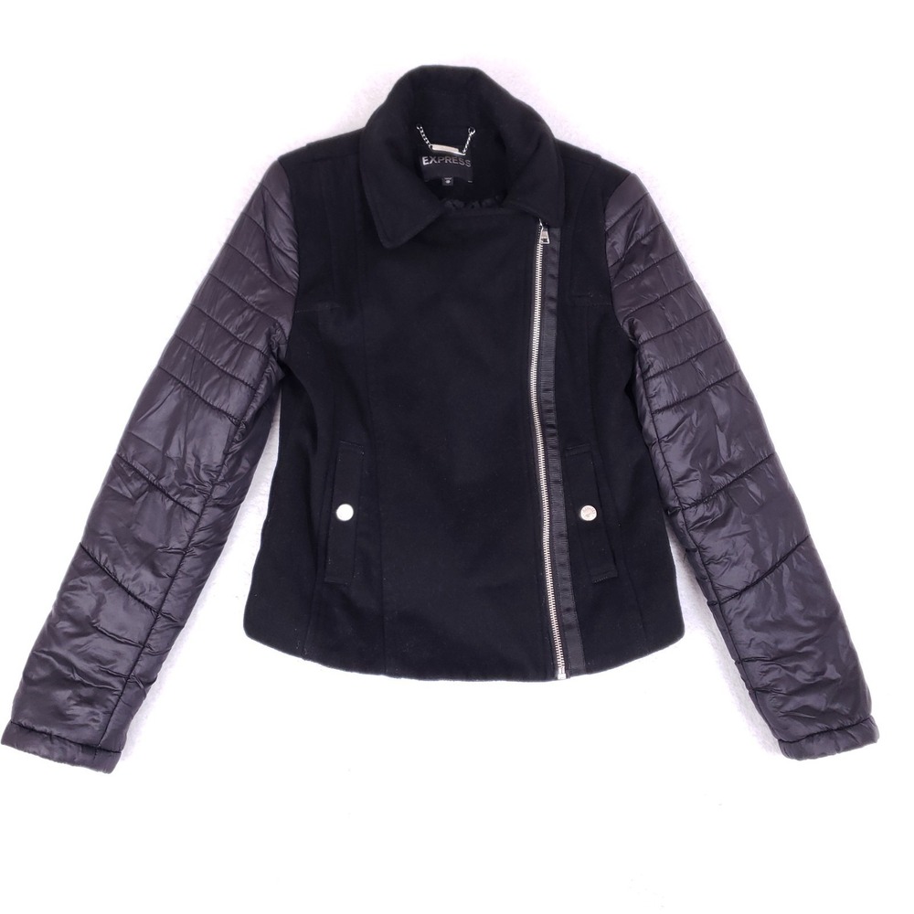Express Women's Wool Blend Moto Jacket XS Black Quilted Sleeve Asymmetrical Zip